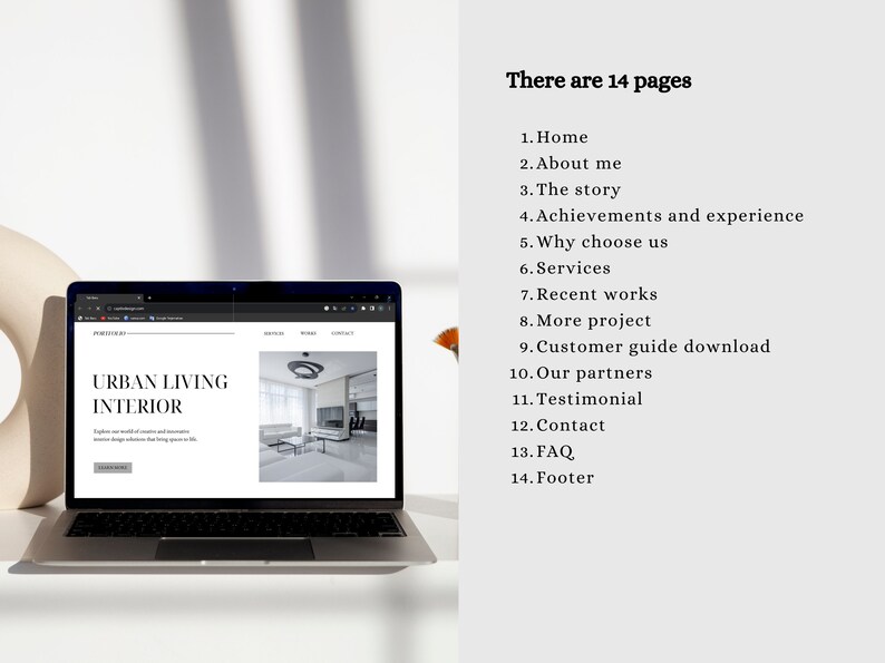 Pu&ograve; includere: Un computer portatile che mostra un sito web per un'azienda di interior design chiamata "Urban Living Interior". Il sito web presenta una foto di un soggiorno moderno con pareti bianche, un divano bianco e un tavolino da caff&egrave; nero. Il testo "There are 14 pages" &egrave; visibile sul lato destro dell'immagine.
