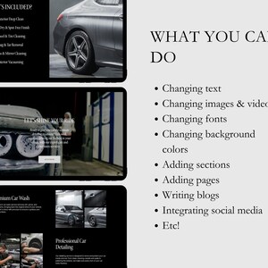 May include: A website mockup for a car wash and detailing service. The website features images of cars and text that says "Let's Shine Your Ride", "Premium Car Wash", and "Professional Car Detailing". The website also includes a list of services offered, such as exterior deep clean, hand dry and spot free rinse, wheel and tire cleaning, bug and tar removal, glass and mirror cleaning, and interior vacuuming.