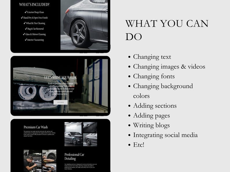 May include: A website mockup for a car wash and detailing service. The website features images of cars and text that says "Let's Shine Your Ride", "Premium Car Wash", and "Professional Car Detailing". The website also includes a list of services offered, such as exterior deep clean, hand dry and spot free rinse, wheel and tire cleaning, bug and tar removal, glass and mirror cleaning, and interior vacuuming.