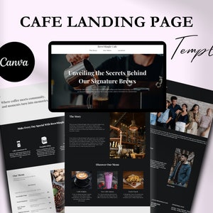 May include: A black and white landing page template for a cafe website. The template features a large image of a barista making coffee, a section with the cafe's story, and a menu section with images of coffee, smoothies, and food. The text on the page reads "Unveiling the Secrets Behind Our Signature Brews" and "Make Every Day Special With Brew Magic".