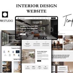 May include: An interior design website template, with the text "Designing Interiors With Purpose And Elegance" displayed on a website design. The image includes the Wix Studio logo and examples of interior design services.