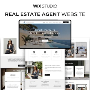 Könnte beinhalten: Eine digitale Darstellung einer Website-Vorlage für Immobilienmakler mit dem Titel WIX STUDIO REAL ESTATE AGENT WEBSITE. Das Layout umfasst einen Header-Bereich mit einem Luxus-Haus-Bild, professionelle Porträts und Textabschnitte für Aurora Estates.
