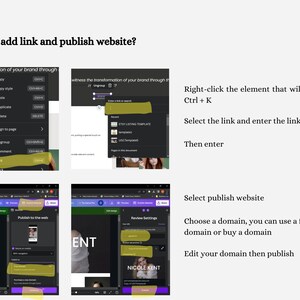 May include: A screenshot of a computer screen showing how to add a link and publish a website. The image shows a website builder with a menu bar and a preview of the website. The website builder has a section called "Publish to the web" and a section called "Review Settings".
