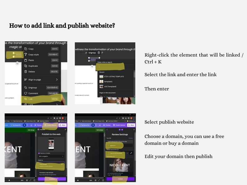May include: A screenshot of a computer screen showing how to add a link and publish a website. The image shows a website builder with a menu bar and a preview of the website. The website builder has a section called "Publish to the web" and a section called "Review Settings".