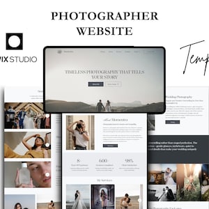 May include: A website template for photographers, with a clean, modern design. The image shows a tablet displaying a website with the text "Timeless Photography That Tells Your Story." Additional website pages are visible, along with the Wix Studio logo and the word "Template."