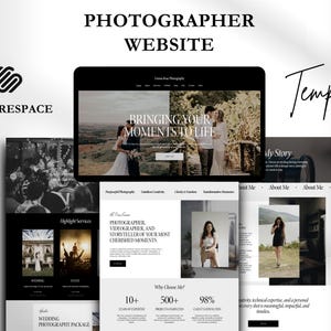 Könnte beinhalten: Eine Website-Vorlage für Fotografen, die Squarespace verwenden. Die Vorlage verfügt über ein Schwarz-Weiß-Farbschema mit einem modernen Design. Die Website enthält Abschnitte zur Präsentation von Fotodienstleistungen, Kundenreferenzen und einer Über-mich-Seite.