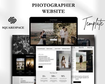 May include: A website template for photographers using Squarespace. The template features a black and white color scheme with a modern design. The website includes sections for showcasing photography services, client testimonials, and an about me page.