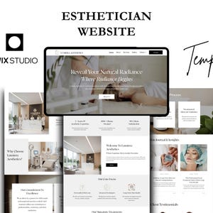 May include: A website template for an esthetician, featuring a tablet displaying a website design with the text "Reveal Your Natural Radiance". The image includes the Wix Studio logo and the word "Template".