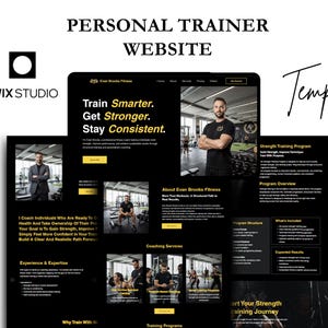 May include: A website template for a personal trainer, with a black and gold design. The website includes sections for training programs, coaching services, and a call to action to start a strength training journey. The text reads "Train Smarter. Get Stronger. Stay Consistent."