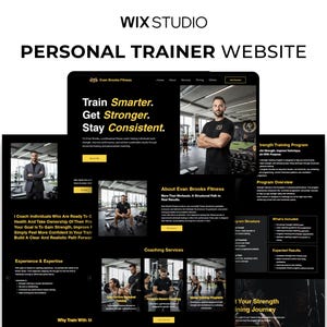 Op de afbeelding: Een Wix Studio website-sjabloon voor een personal trainer genaamd Evan Brooks Fitness. De lay-out heeft een zwarte achtergrond met gele tekst, inclusief de koppen Train Smarter, Get Stronger, Stay Consistent en secties voor coachingsdiensten.