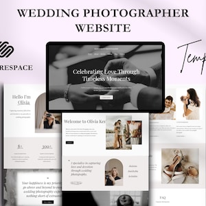 Può includere: Un modello di sito web per fotografi di matrimoni, con una foto in bianco e nero delle mani di una coppia che si tengono, con il testo "Celebrare l'amore attraverso momenti senza tempo". Il sito web include anche una foto di un fotografo di matrimoni e una sezione con il testo "Benvenuti a Olivia Ker".