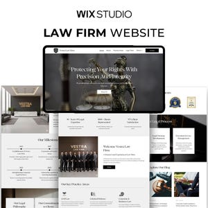 Peut inclure: Un affichage numérique d'un modèle de site web pour cabinet d'avocats intitulé Vestra Law Firm, présentant une section héroïque avec une statue de la Justice, des menus de navigation et des sections détaillant les jalons juridiques.