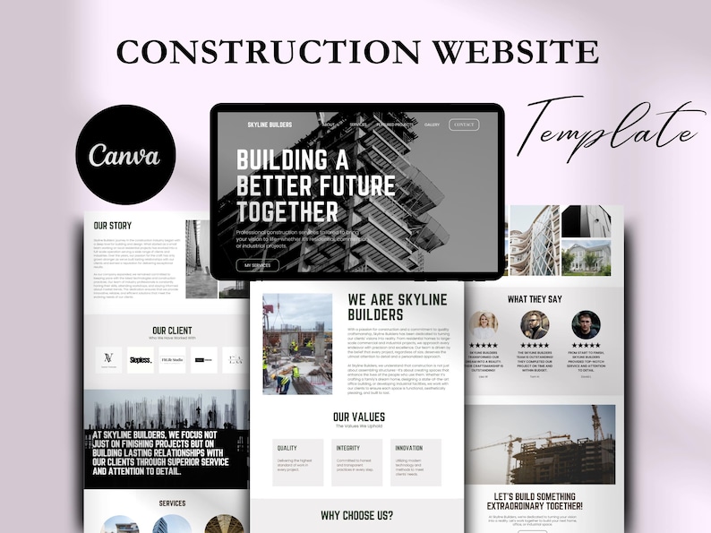 Peut inclure: Mod&egrave;le de site Web pour les entreprises de construction. Le mod&egrave;le pr&eacute;sente une photo en noir et blanc d'un b&acirc;timent en construction, avec le texte "Construire un avenir meilleur ensemble". Le mod&egrave;le comprend &eacute;galement des sections pour "Notre histoire", "Notre client", "Nous sommes Skyline Builders", "Nos valeurs", "Ce qu'ils disent", "Pourquoi nous choisir ?" et "Construisons quelque chose d'extraordinaire ensemble !"