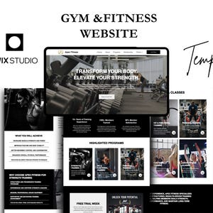 Può includere: Un modello di sito web per una palestra e un'attività di fitness. Il design presenta una combinazione di colori in bianco e nero con immagini di attrezzature da palestra e persone che si allenano. Il testo include "Trasforma il tuo corpo. Eleva la tua forza."
