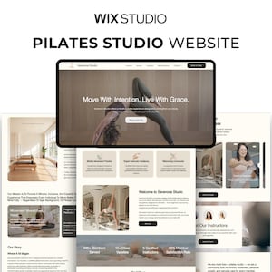 Puede incluir: Una visualización digital del diseño de un sitio web de estudio de Pilates llamado Serenova Studio, con una pantalla de tableta que muestra a una persona realizando una pose, junto a secciones sobre movimiento consciente, instructores y comunidad.