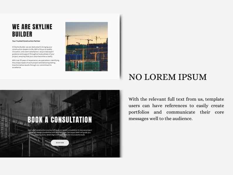 Pode incluir: Um site para uma empresa de constru&ccedil;&atilde;o chamada Skyline Builder. O site apresenta uma foto em preto e branco de um pr&eacute;dio em constru&ccedil;&atilde;o e o texto "Agendar uma consulta". O site tamb&eacute;m inclui o texto "We are Skyline Builder" e "Your Trusted Construction Partner".