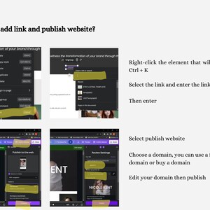May include: A step-by-step guide on how to add a link and publish a website, with screenshots and instructions. The text includes "How to add link and publish website?" and instructions on right-clicking, selecting, and entering links.