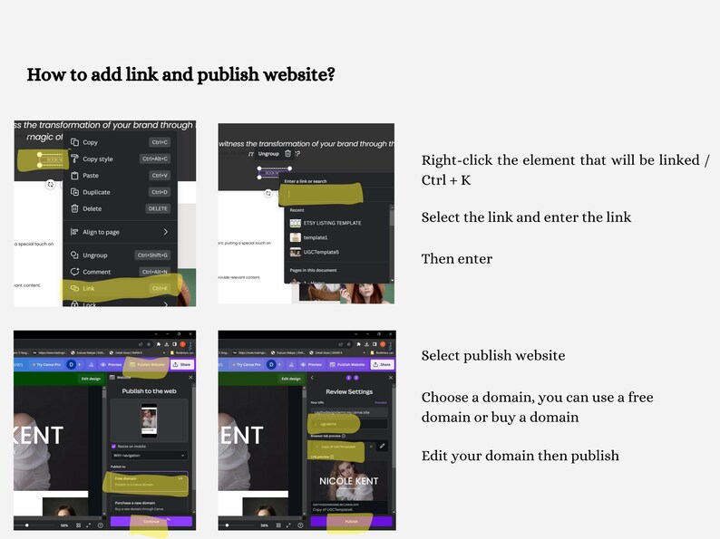 May include: A step-by-step guide on how to add a link and publish a website, with screenshots and instructions. The text includes "How to add link and publish website?" and instructions on right-clicking, selecting, and entering links.
