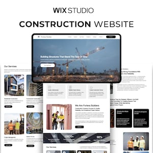 Könnte beinhalten: Eine digitale Darstellung einer Website für ein Bauunternehmen namens Fortera Builders, mit einem Heldenbild von Kränen auf einer Baustelle, Servicebereichen, Projektbeschreibungen und Statistiken auf einem weißen Hintergrund mit schwarzem Text.