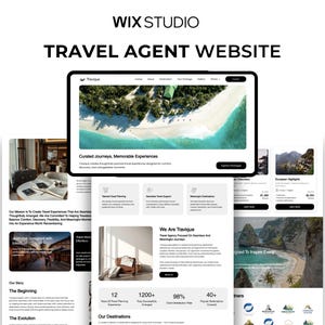 May include: A digital mockup of a travel agency website titled Travique, featuring a hero image of a tropical beach, navigation menus, service descriptions, statistics, and destination highlights displayed on a clean white interface.
