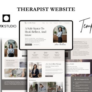 Może przedstawiać: Szablon strony internetowej dla terapeuty, o nowoczesnym designie. Projekt zawiera tablet wyświetlający stronę internetową z tekstem "A Safe Space To Heal, Reflect, And Grow". Logo Wix Studio znajduje się w lewym g&oacute;rnym rogu.