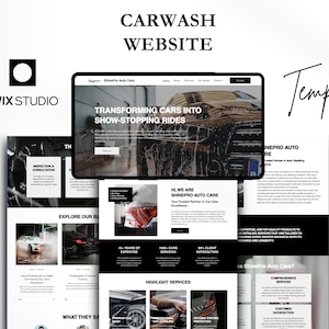 May include: A carwash website template, shown on a tablet, with a car being washed on the screen. The design is monochrome, with the words "CARWASH WEBSITE" and "Template". The Wix Studio logo is also present.