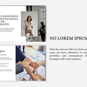 May include: Image with text: "LIFE COACH, EMPOWERMENT GUIDE, AND YOUR PERSONAL CATALYST FOR TRANSFORMATION." It also shows a woman and a group of hands clasped together. The text "NO LOREM IPSUM" is also present.