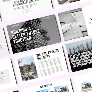 Peut inclure: Page d'accueil du site Web de Skyline Builders, une entreprise de construction. Le site Web pr&eacute;sente des images de b&acirc;timents en construction, un t&eacute;moignage d'un client satisfait et un appel &agrave; l'action pour planifier une consultation. Le texte du site Web indique "Construire un avenir meilleur ensemble" et "Nous sommes Skyline Builders".