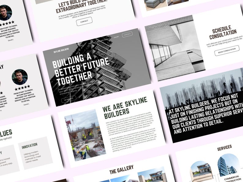 Peut inclure: Page d'accueil du site Web de Skyline Builders, une entreprise de construction. Le site Web pr&eacute;sente des images de b&acirc;timents en construction, un t&eacute;moignage d'un client satisfait et un appel &agrave; l'action pour planifier une consultation. Le texte du site Web indique "Construire un avenir meilleur ensemble" et "Nous sommes Skyline Builders".