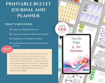 Printable Bullet Journal and Planner, Printable Journal, Printable Planner, Mood Tracker, Habit Tracker, Women's Journal, Gratitude Journal