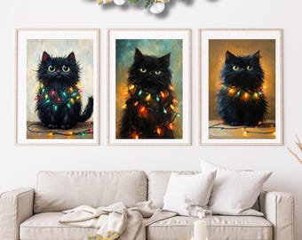 Arte mural navideño divertido de gato, impresión digital de gato negro, Navidad de gato negro, arte navideño de gato, arte mural digital, impresión de gatito navideño