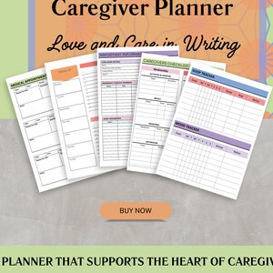 May include: A caregiver planner with the title "Caregiver Planner" and the subtitle "Love and Care in Writing". The planner includes sections for medical appointments, important information, caregiver checklist, sleep tracker, and mood tracker.