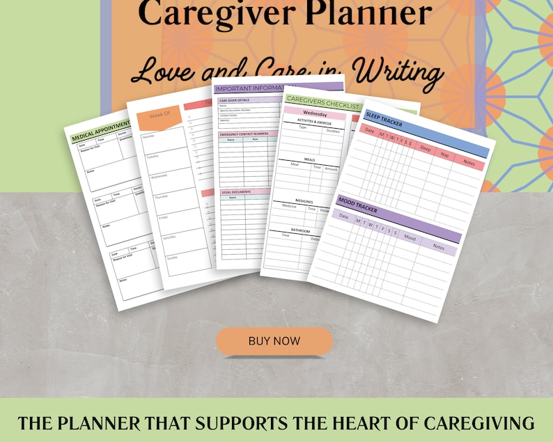 May include: A caregiver planner with the title "Caregiver Planner" and the subtitle "Love and Care in Writing". The planner includes sections for medical appointments, important information, caregiver checklist, sleep tracker, and mood tracker.