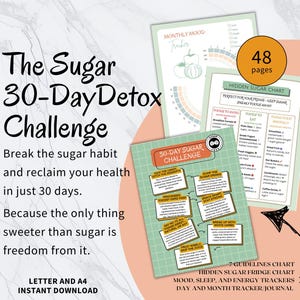 30 Day No Sugar Tracker Challenge, Detox Tracker, New Year Resolution, Health Tracker, No Added Sugar, Give Up Sugar, No Junk Food, No Sugar