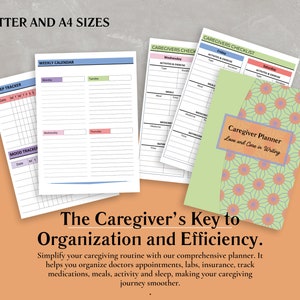 May include: A green and pink planner with the text "Caregiver Planner Love and Care in Writing" on the cover. The planner is surrounded by printable pages for a weekly calendar, sleep tracker, mood tracker, and caregiver checklists.