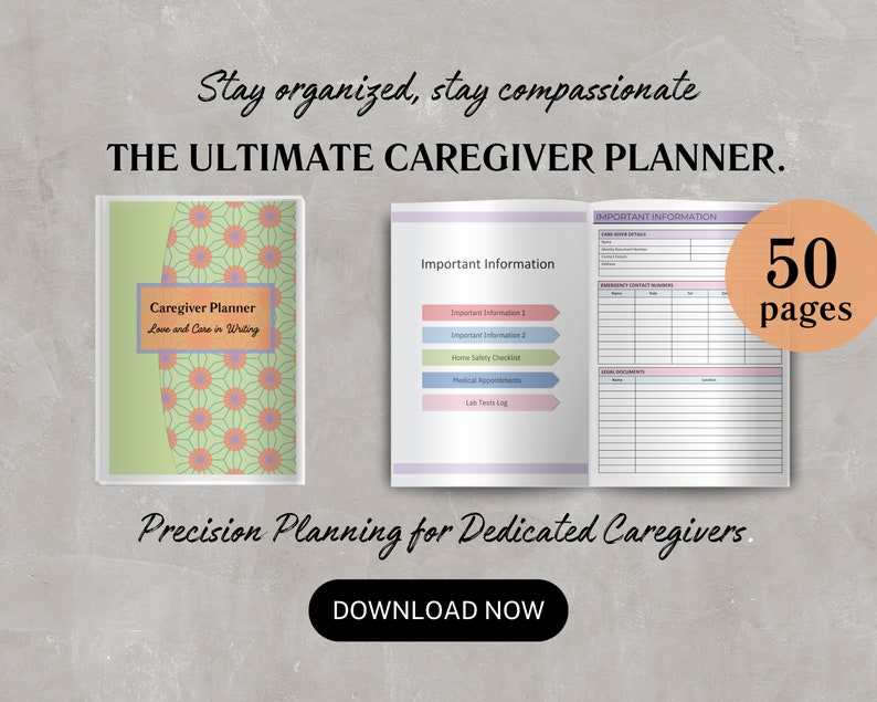 May include: A green and pink planner with the title "Caregiver Planner: Love and Care in Writing" on the cover. The planner has 50 pages and includes sections for important information, emergency contact numbers, and medical appointments.