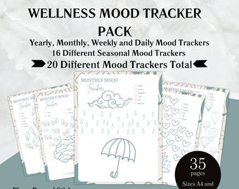 Mood Tracker Pack, Bullet Journal Idea, Bullet Journal Page, Daily Mood Tracker, Weekly Mood Tracker, Yearly Mood Tracker, Feeling Tracker