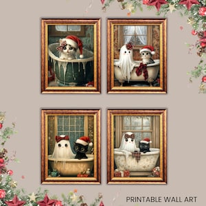 May include: Four printable wall art images featuring a ghost and a cat in a bathtub. Each image has a different color scheme and features a ghost wearing a red bow and a cat wearing a Santa hat.