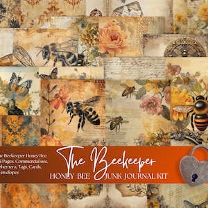 May include: A digital junk journal kit with a collage of images featuring honey bees, flowers, and vintage textures. The kit includes 17 pages, each measuring 11 inches by 8.5 inches. The kit is titled "The Beekeeper Honey Bee Junk Journal Kit".