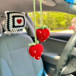 Crochet Strawberry Car Mirror Charm