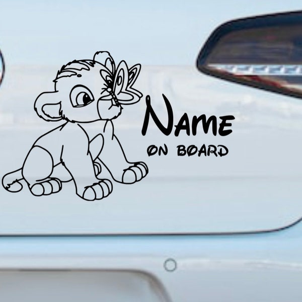 Personalized baby lion on board sticker/decal.