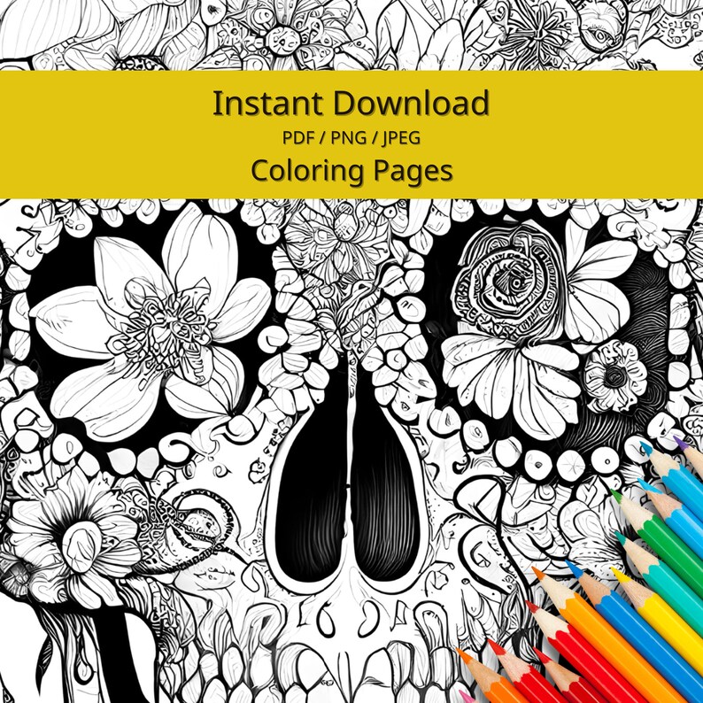 Skull With Flowers 2 Coloring Pages, 3 Pack, Adult Coloring Book ...