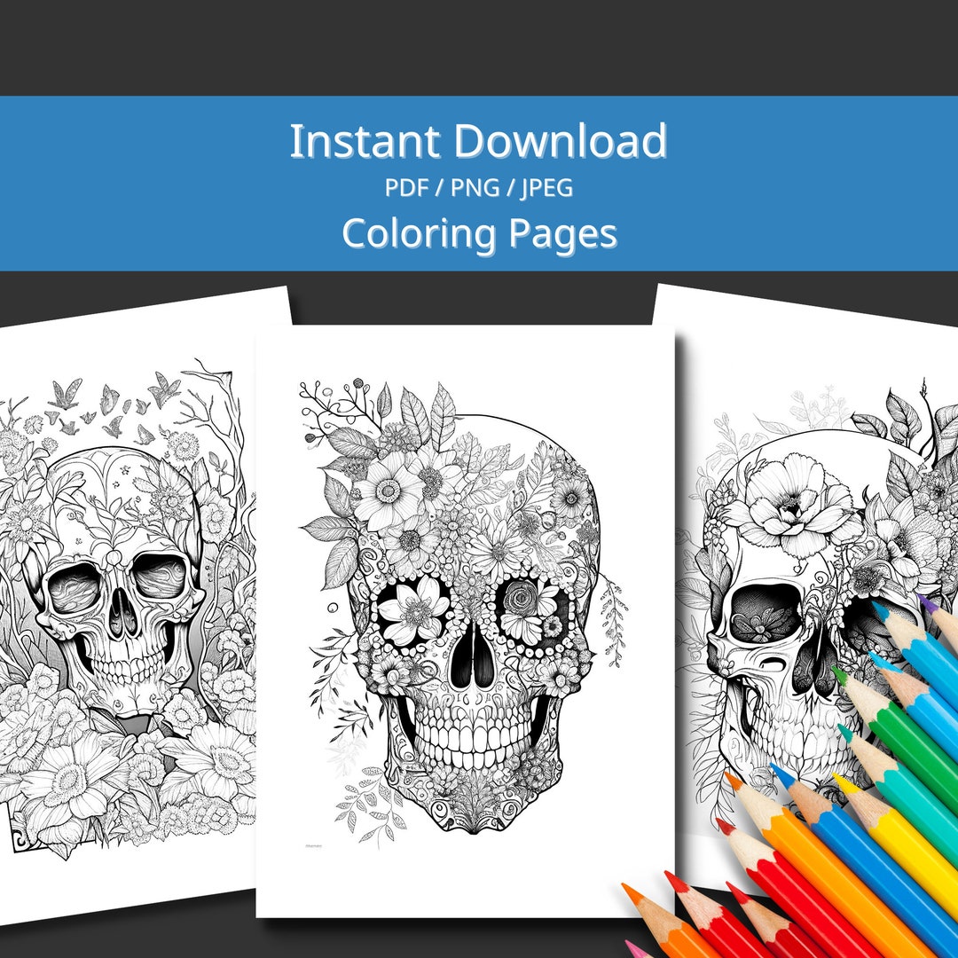 Skull With Flowers 2 Coloring Pages, 3 Pack, Adult Coloring Book ...