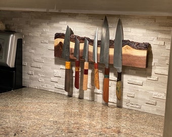 Porte-couteaux magnétique, Live Edge avec écorce, Noyer canadien, porte-couteaux, aimants puissants, fixation murale, style rustique élégant