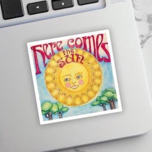 Pegatina de vinilo con sol ilustrado, pegatina celestial, pegatina resistente al agua, pegatina de vinilo, pegatina de los Beatles, sol, aquí viene el sol, música