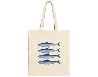 Sardines Canvas Tote Bag - Fun Coastal Vibe, Beach Tote, Cute Tote Bag, Summer Market Bag, Nautical Shoulder Bag