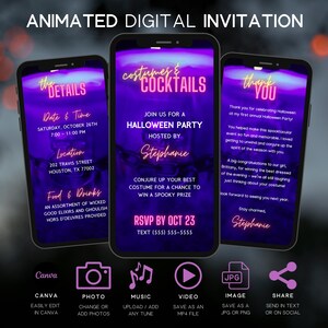 Editable Halloween Party Invitation Digital Animated Video Invite Template, Costumes and Cocktails
