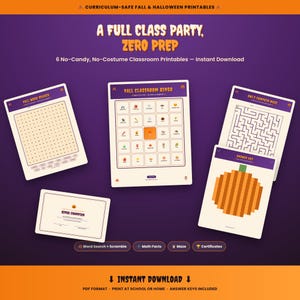 Puede incluir: Un conjunto de seis hojas de actividades escolares imprimibles con temática de otoño y Halloween, que incluyen una sopa de letras, un bingo, un laberinto y un certificado. El texto dice Curriculum-Safe Fall & Halloween Printables, A Full Class Party, Zero Prep.