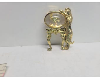Vintage Gold Tone Cat and Fishbowl Brooch Whimsical Animal Pin Novelty Jewelry