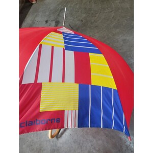 Liz Claiborne Vintage Red Geometric Patchwork Umbrella Curved Wood Handle